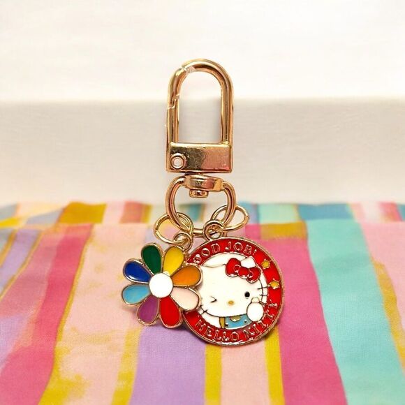 Red Rainbow Flower Hello Kitty Bag Charm Zipper Pull - Picture 1 of 2